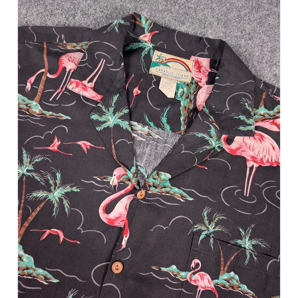 Vtg Paradise Found Hawaiian Shirt Mens XL Flamingo Palm Trees Wood Buttons